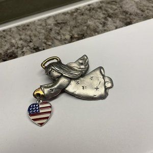 Kat’s Creations Patriotic Brooch Pin - Flying Angel With American Flag Heart